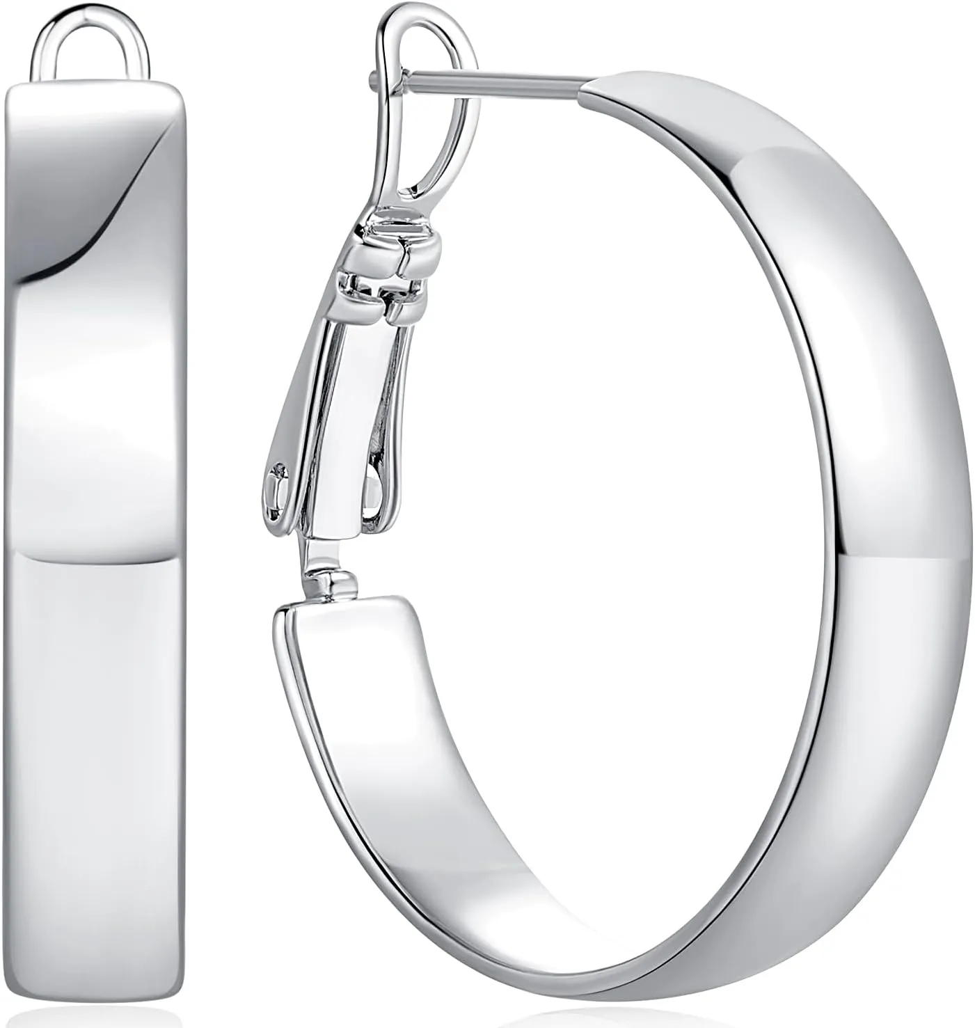 Silver Hoop Earrings for Women Sterling Silver Earrings Flat Square-edge Small Silver Hoop Earrings for Piercing Ears, Clip-on Clasp Thick Silver Hoop Earrings (22mm*4.5mm)