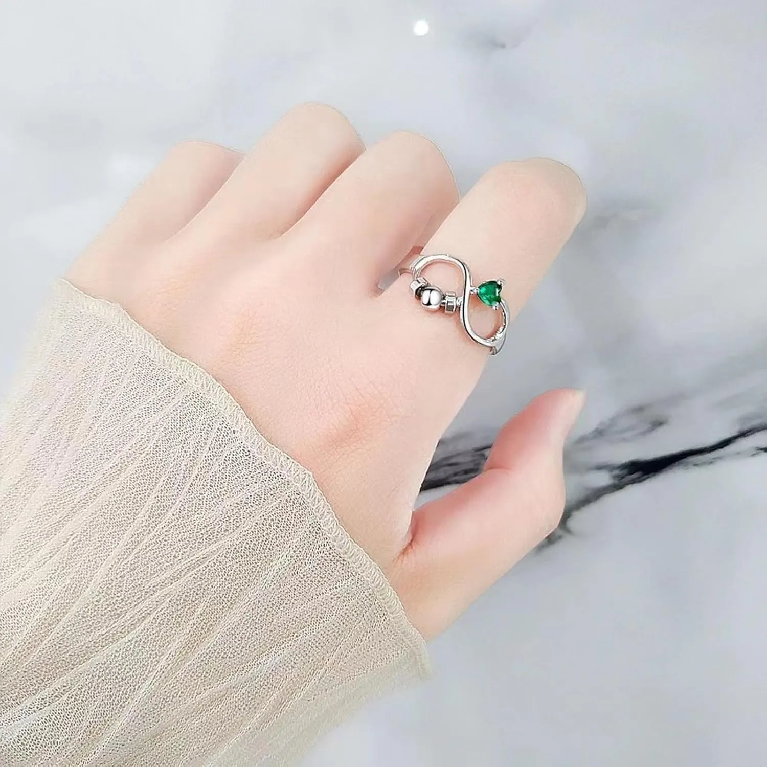 Silver Open Birthstone Rings for Women Adjustable Anxiety Ring Rotating Infinity Ring Heart Emerald Crystal Ring Constellation Month Ring Birthday Valentine Jewelry