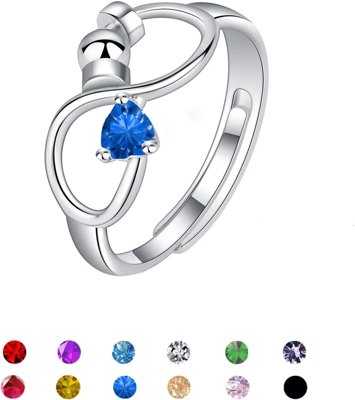 Silver Open Birthstone Rings for Women Adjustable Anxiety Ring Rotating Infinity Ring Heart Emerald Crystal Ring Constellation Month Ring Birthday Valentine Jewelry