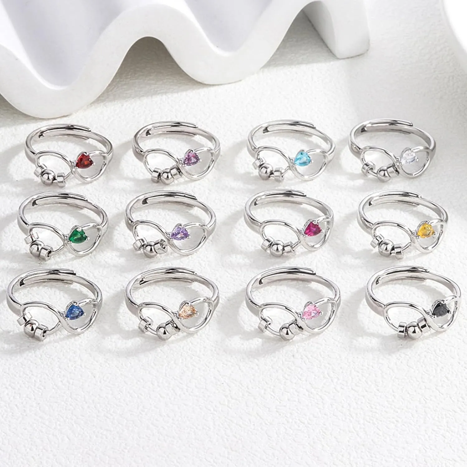 Silver Open Birthstone Rings for Women Adjustable Anxiety Ring Rotating Infinity Ring Heart Emerald Crystal Ring Constellation Month Ring Birthday Valentine Jewelry