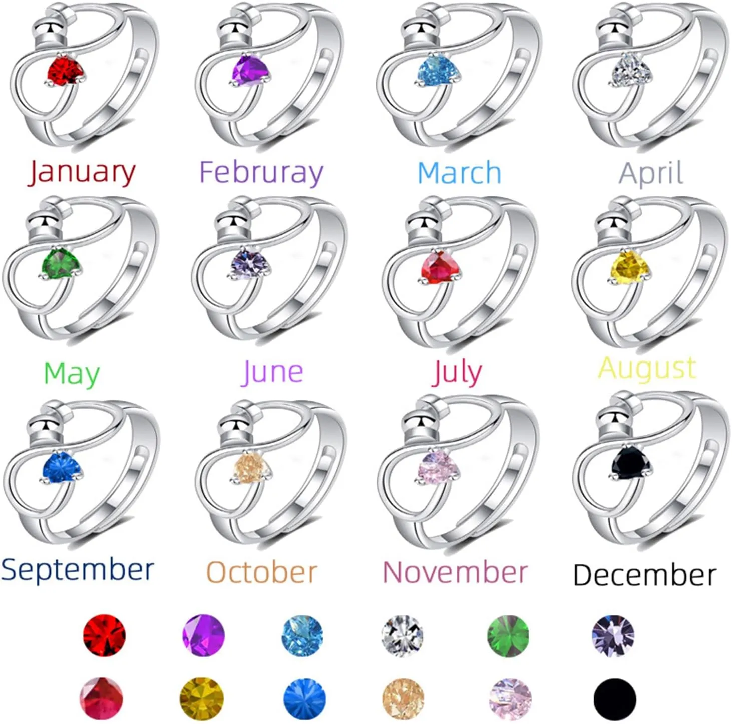 Silver Open Birthstone Rings for Women Adjustable Anxiety Ring Rotating Infinity Ring Heart Emerald Crystal Ring Constellation Month Ring Birthday Valentine Jewelry