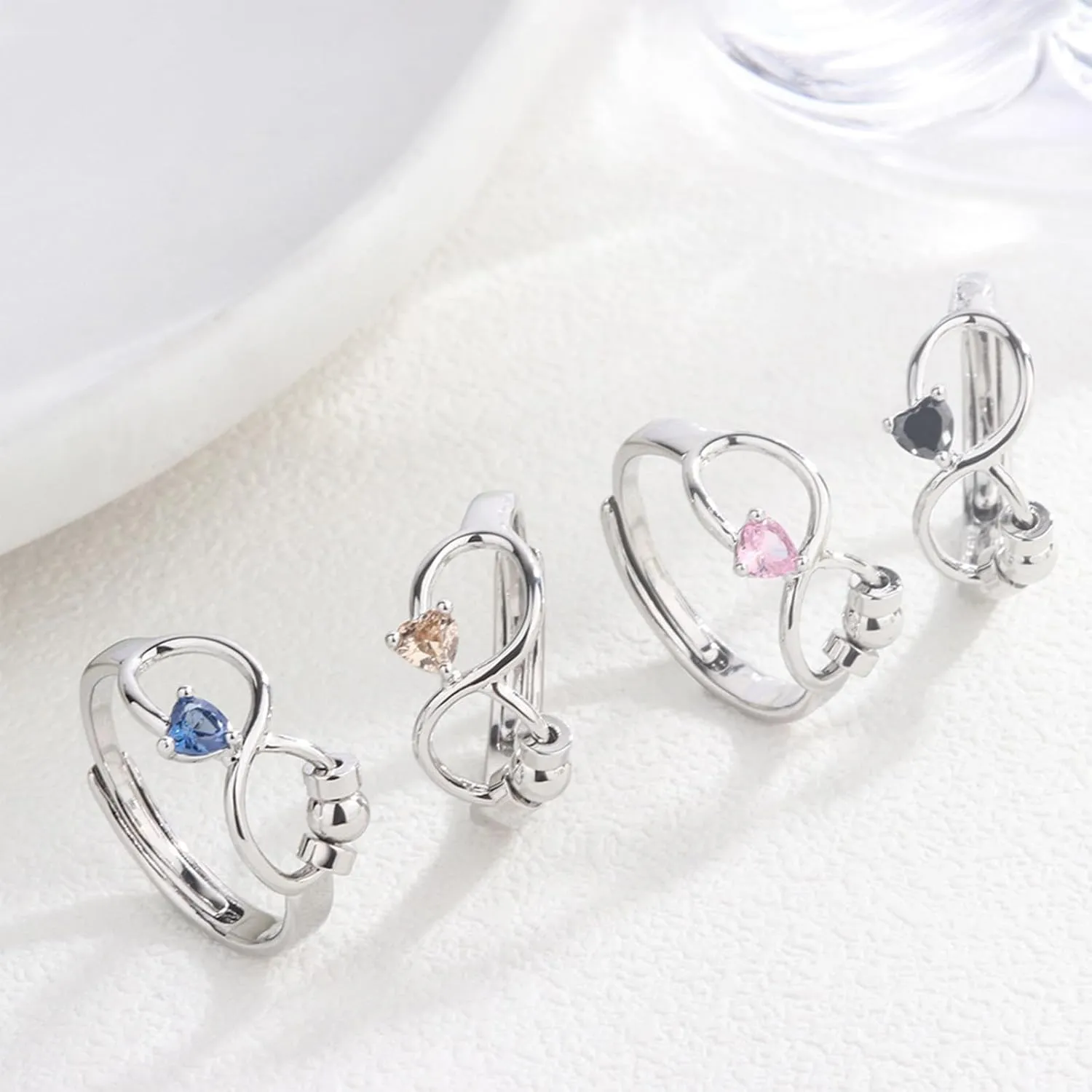 Silver Open Birthstone Rings for Women Adjustable Anxiety Ring Rotating Infinity Ring Heart Emerald Crystal Ring Constellation Month Ring Birthday Valentine Jewelry