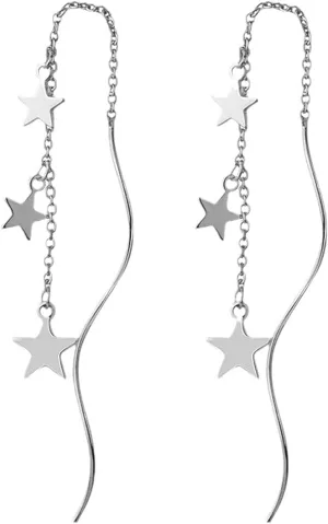 Silver Star Chain Dangle Earrings for Women Fashion Long Tassel Star Dangling Earrings Pentagram Curve Link Drop Earrings Jewelry Accessories