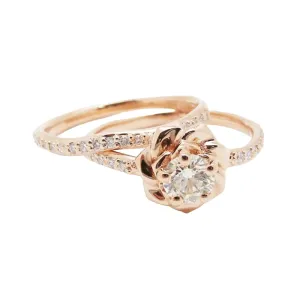 SilverDia 0.40 Ct Round Cut Diamond Flower Shape Nature Inspire Engagement Rings Set For Women 14K Rose Gold Plated Wedding Rings Set 925 Sterling Silver Handmade Stacking Matching Ring Gift For Her