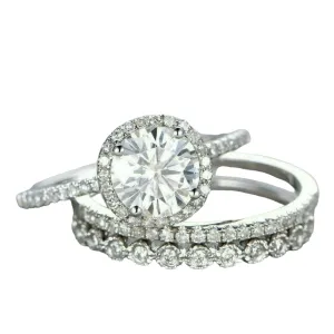 SilverDia 2.80 Ct Round Cut Diamond Classic Halo Trio Wedding Band Engagement Rings Set 14k White Gold Finish Anniversary Rings 925 Sterling Silver Handmade Stacking Matching Promise Band Gift For Her