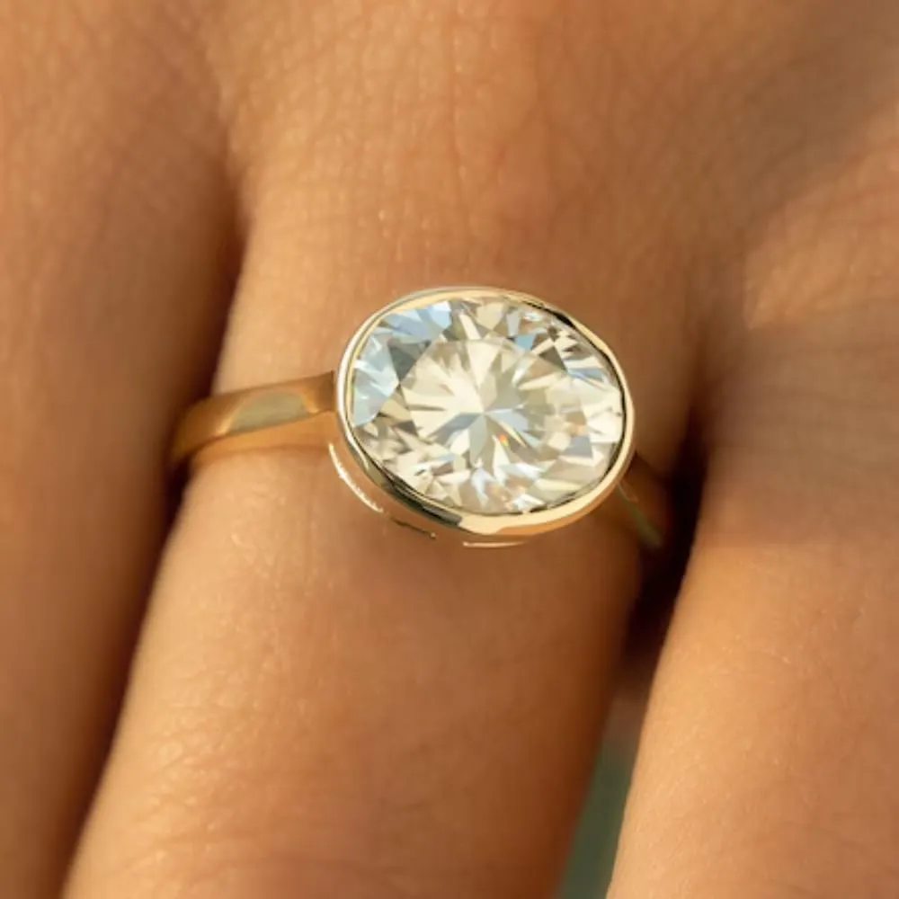 SilverDia 3 Ct Oval Cut Bezel Set East West Diamond For Womens Engagement Rings 14K Gold Plated Solitaire Proposal Ring 925 Sterling Silver Handmade Anniversary Rings Birthday Gift For Her