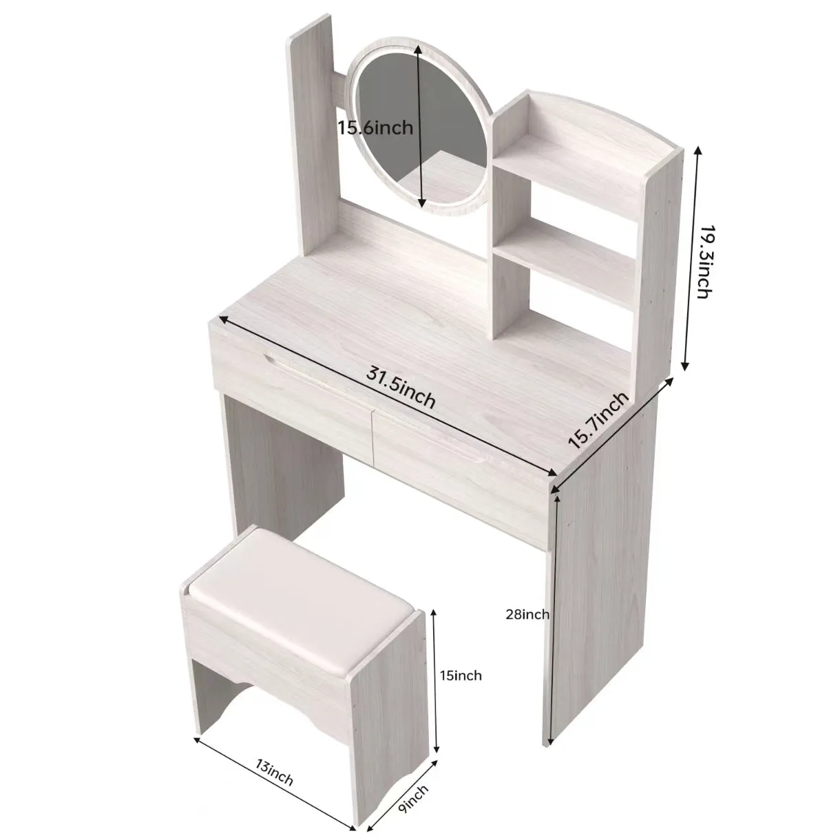 Simple Stylish Vanity Table Set With Vanity Stool, Touch Control LED Mirror, Multi Layer Large Capacity Storage. (L31.5"x W15.7" x H47.8")