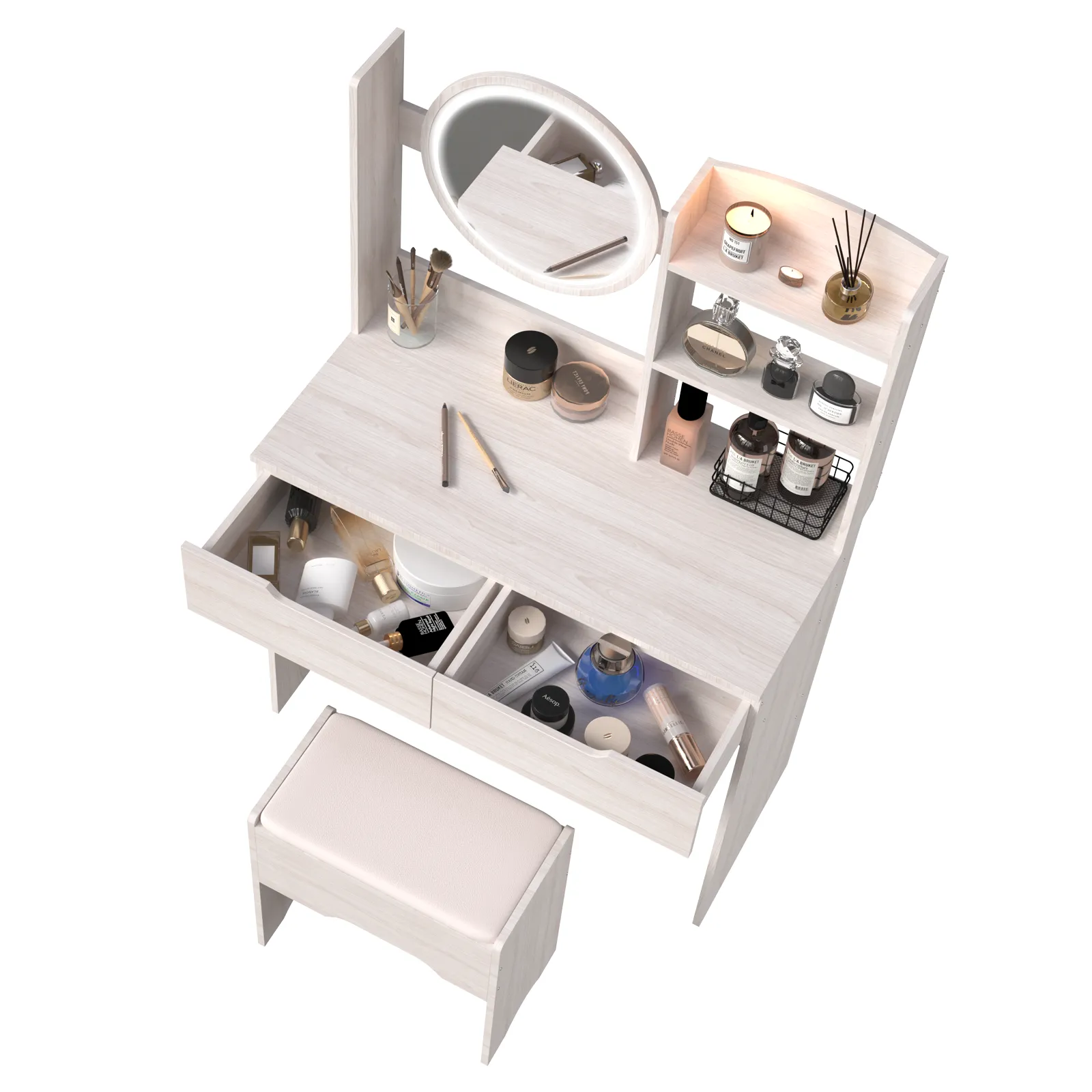 Simple Stylish Vanity Table Set With Vanity Stool, Touch Control LED Mirror, Multi Layer Large Capacity Storage. (L31.5"x W15.7" x H47.8")