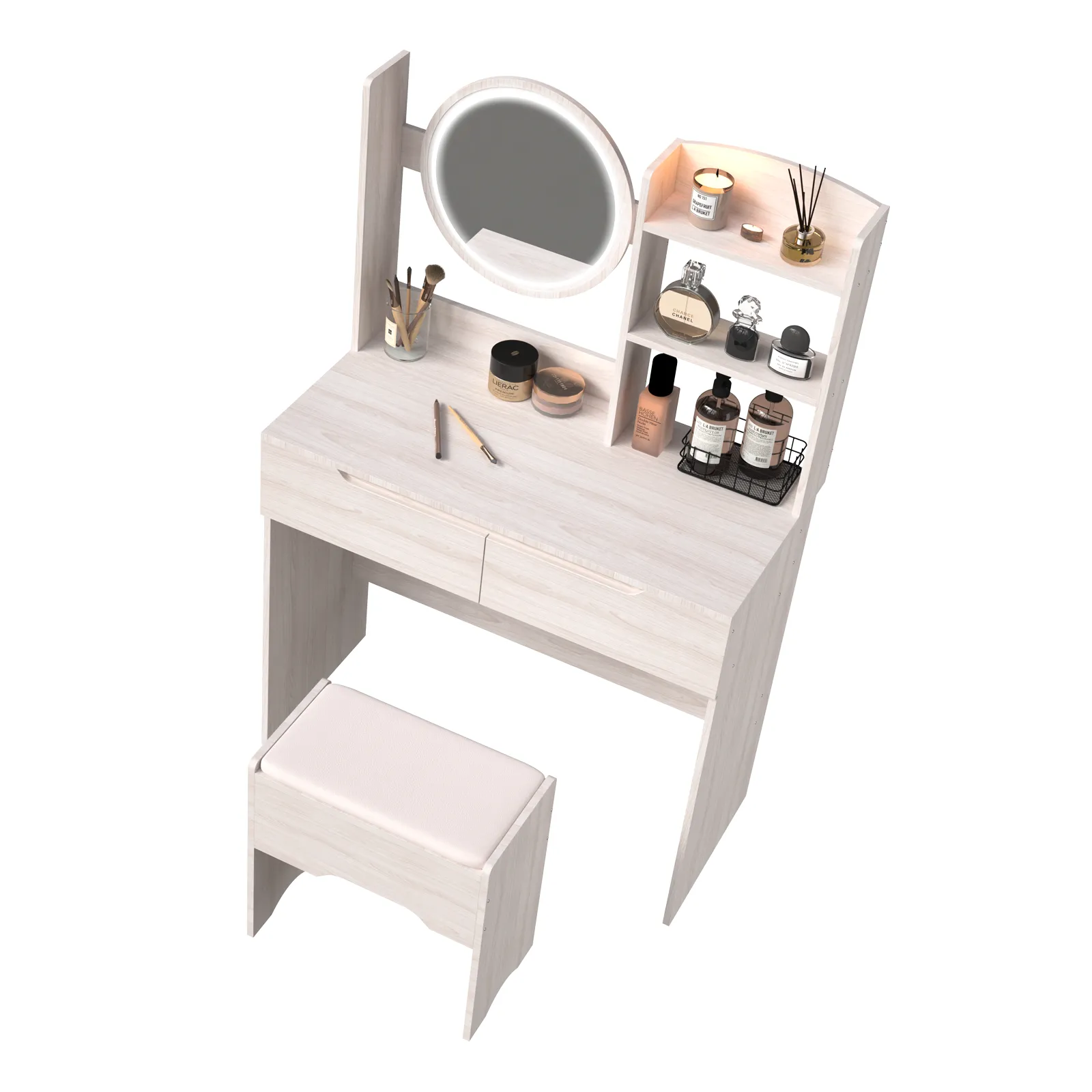 Simple Stylish Vanity Table Set With Vanity Stool, Touch Control LED Mirror, Multi Layer Large Capacity Storage. (L31.5"x W15.7" x H47.8")