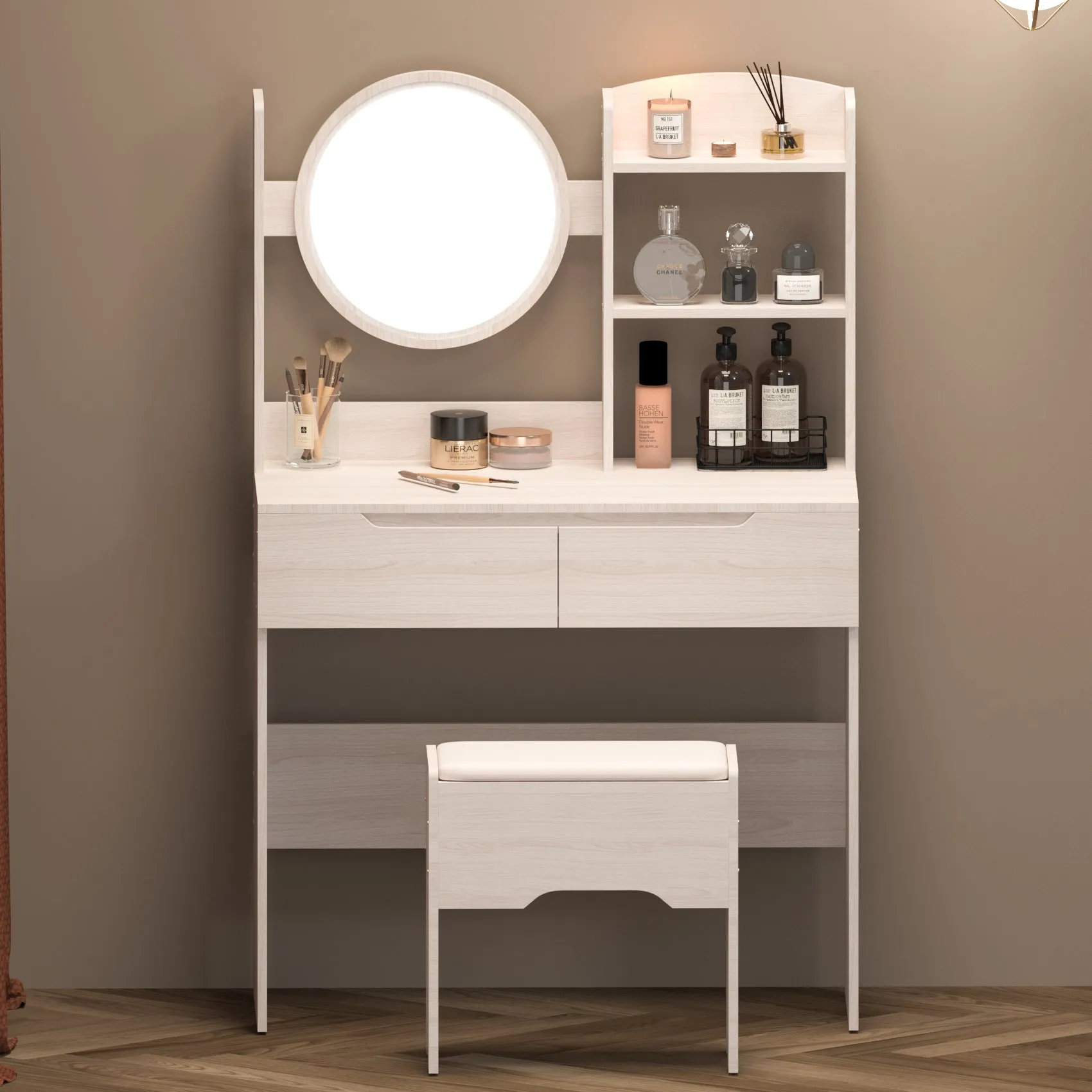 Simple Stylish Vanity Table Set With Vanity Stool, Touch Control LED Mirror, Multi Layer Large Capacity Storage. (L31.5"x W15.7" x H47.8")