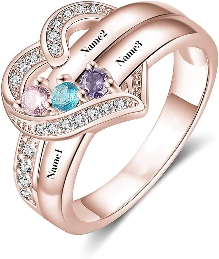 SISGEM 10K 14K 18K Gold Natural Diamond Personalized Name Rings with 1-6 CZ Birthstone Customized Birthstone Rings for Women Mom Mothers Birthstone Rings