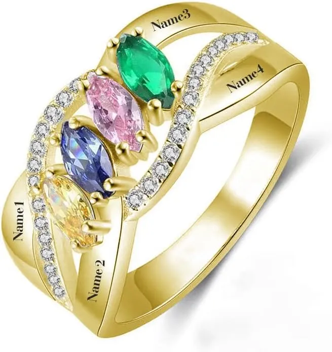 SISGEM 10K 14K 18K Gold Natural Diamond Personalized Name Rings with 1-6 CZ Birthstone Customized Birthstone Rings for Women Mom Mothers Birthstone Rings