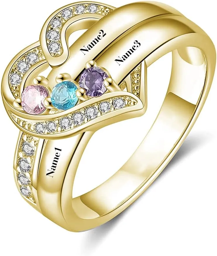 SISGEM 10K 14K 18K Gold Natural Diamond Personalized Name Rings with 1-6 CZ Birthstone Customized Birthstone Rings for Women Mom Mothers Birthstone Rings