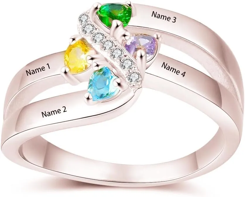 SISGEM 10K 14K 18K Gold Natural Diamond Personalized Name Rings with 1-6 CZ Birthstone Customized Birthstone Rings for Women Mom Mothers Birthstone Rings