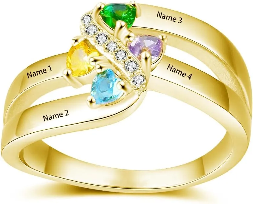 SISGEM 10K 14K 18K Gold Natural Diamond Personalized Name Rings with 1-6 CZ Birthstone Customized Birthstone Rings for Women Mom Mothers Birthstone Rings