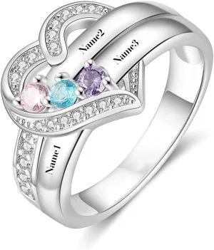 SISGEM 10K 14K 18K Gold Natural Diamond Personalized Name Rings with 1-6 CZ Birthstone Customized Birthstone Rings for Women Mom Mothers Birthstone Rings
