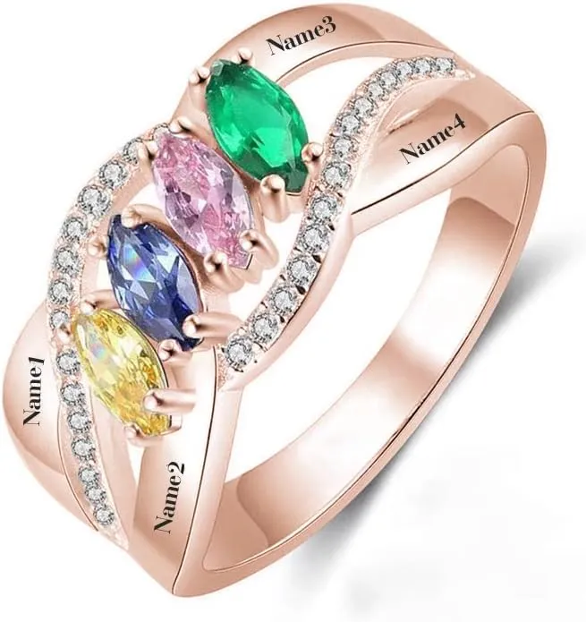 SISGEM 10K 14K 18K Gold Natural Diamond Personalized Name Rings with 1-6 CZ Birthstone Customized Birthstone Rings for Women Mom Mothers Birthstone Rings
