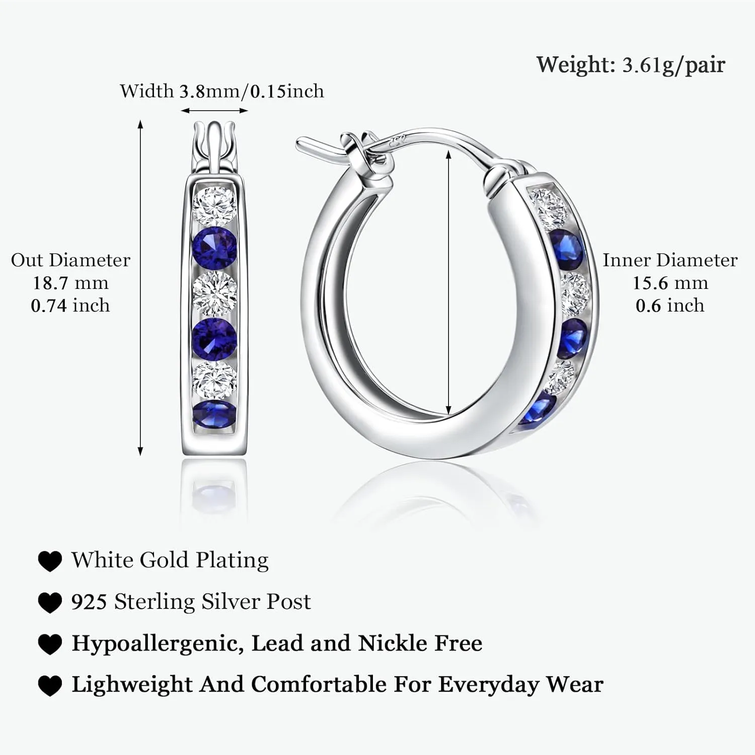 Small Hoop Earrings for Women Hypoallergenic 925 Sterling Silver 18mm Gemstone Huggie Hoop Earrings Annivesary Wedding Jewelry Birthstone Huggy Earrings