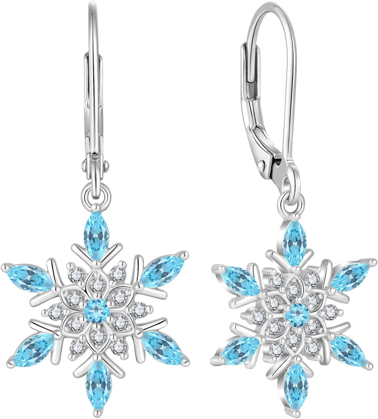 Snowflake Earrings 925 Sterling Silver Dangle Drop Earrings for Women Plated 18k White Gold CZ Birthstone Leverback Earrings Hypoallergenic Jewelry for Women