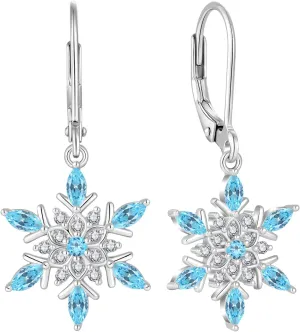 Snowflake Earrings 925 Sterling Silver Dangle Drop Earrings for Women Plated 18k White Gold CZ Birthstone Leverback Earrings Hypoallergenic Jewelry for Women