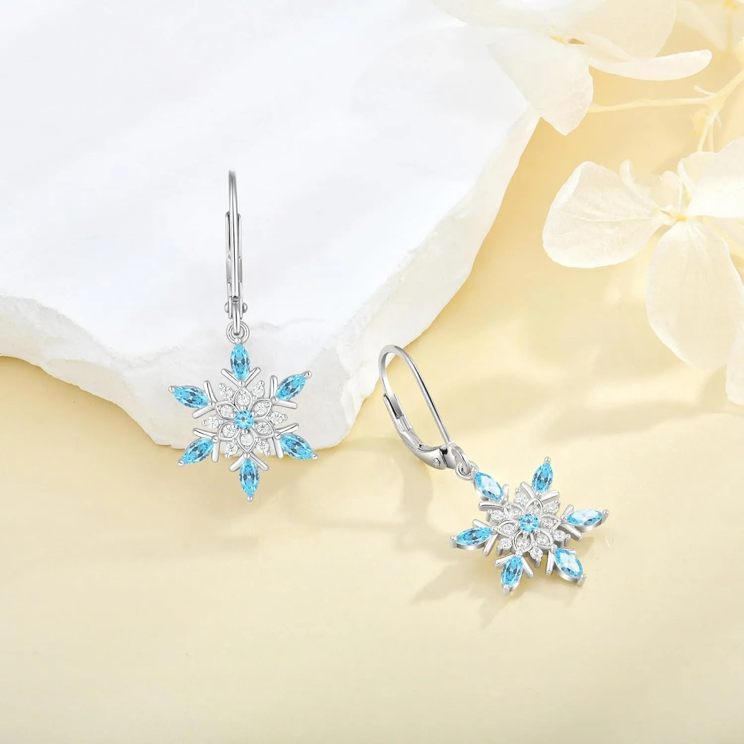 Snowflake Earrings 925 Sterling Silver Dangle Drop Earrings for Women Plated 18k White Gold CZ Birthstone Leverback Earrings Hypoallergenic Jewelry for Women