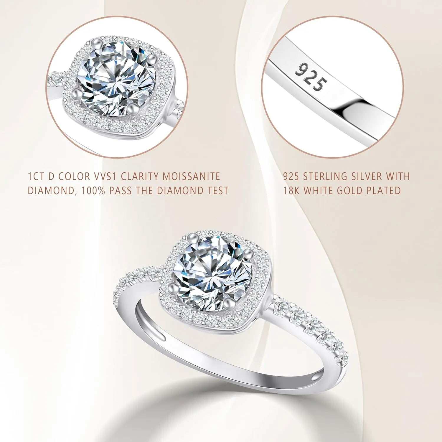 Solitaire Moissanite Engagement Rings 925 Sterling Silver 1CT Halo Promise Rings D Color VVS1 Lab Created Wedding Bands Moissanite Ring For Women