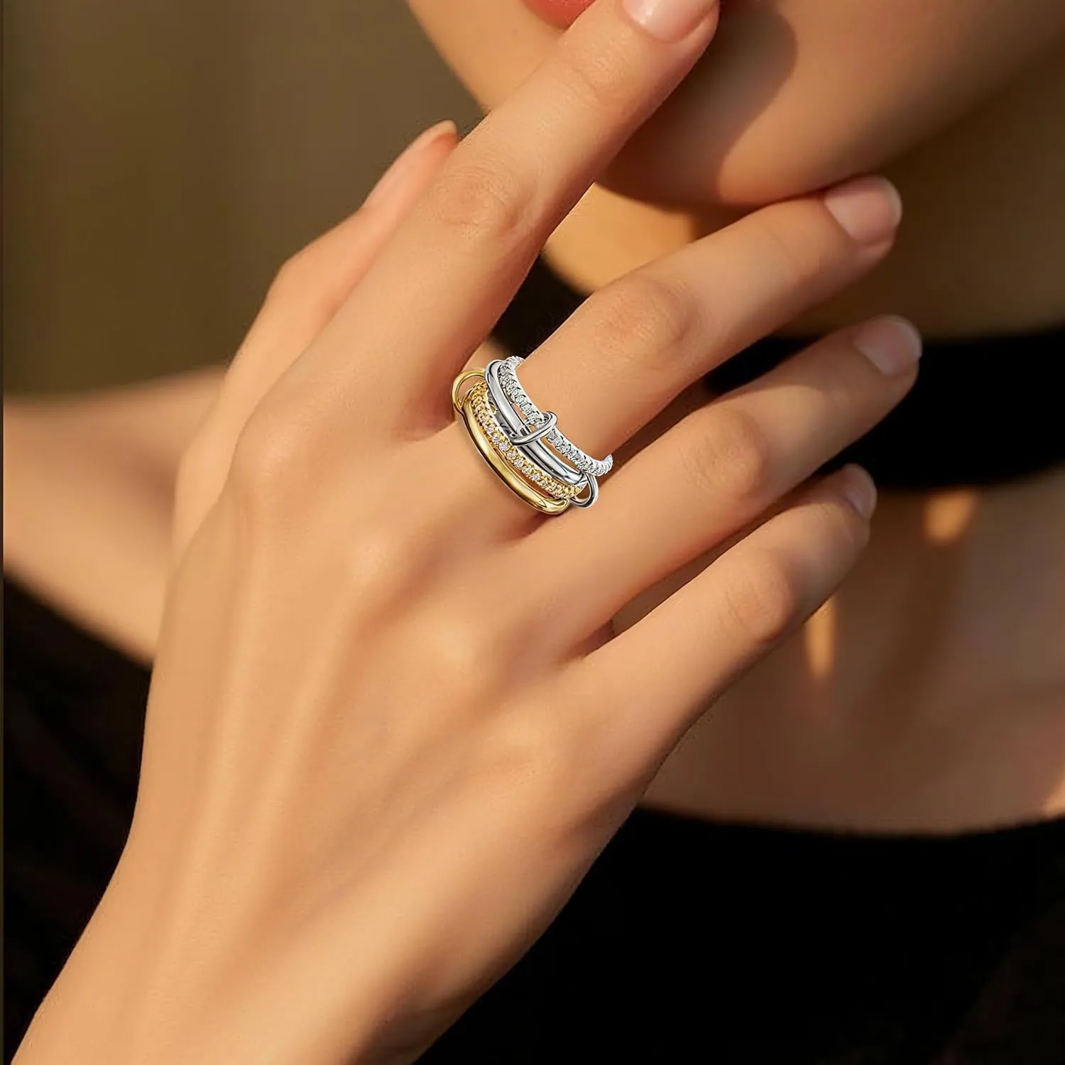 Stackable Rings for Women Non Tarnish 18K Gold Plated Interlocking Ring Stack Set Gold Silver Mixed Metal Statement Rings Dainty Cubic Zirconia Fashion Connected Band Thumb Ring