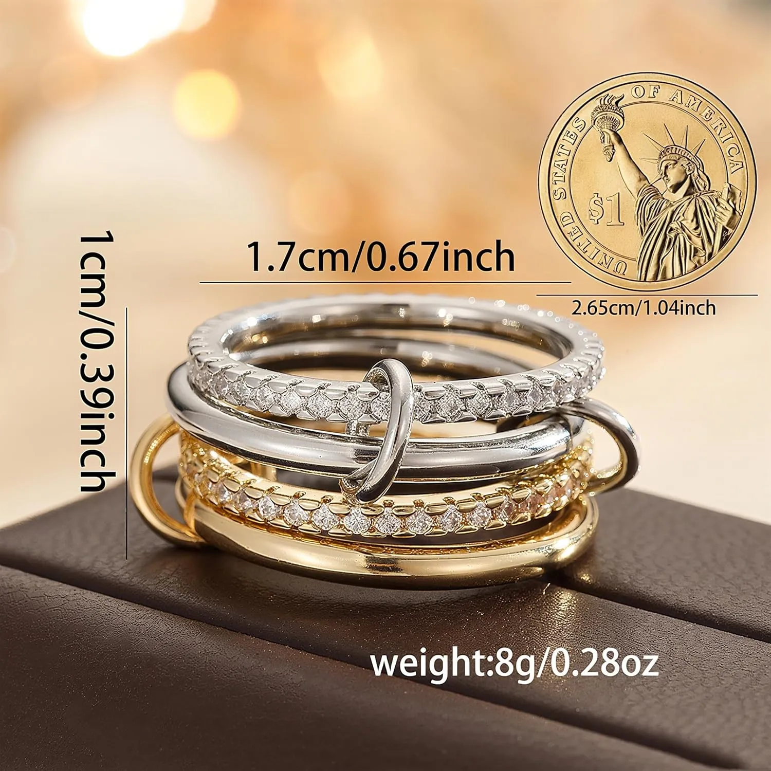 Stackable Rings for Women Non Tarnish 18K Gold Plated Interlocking Ring Stack Set Gold Silver Mixed Metal Statement Rings Dainty Cubic Zirconia Fashion Connected Band Thumb Ring