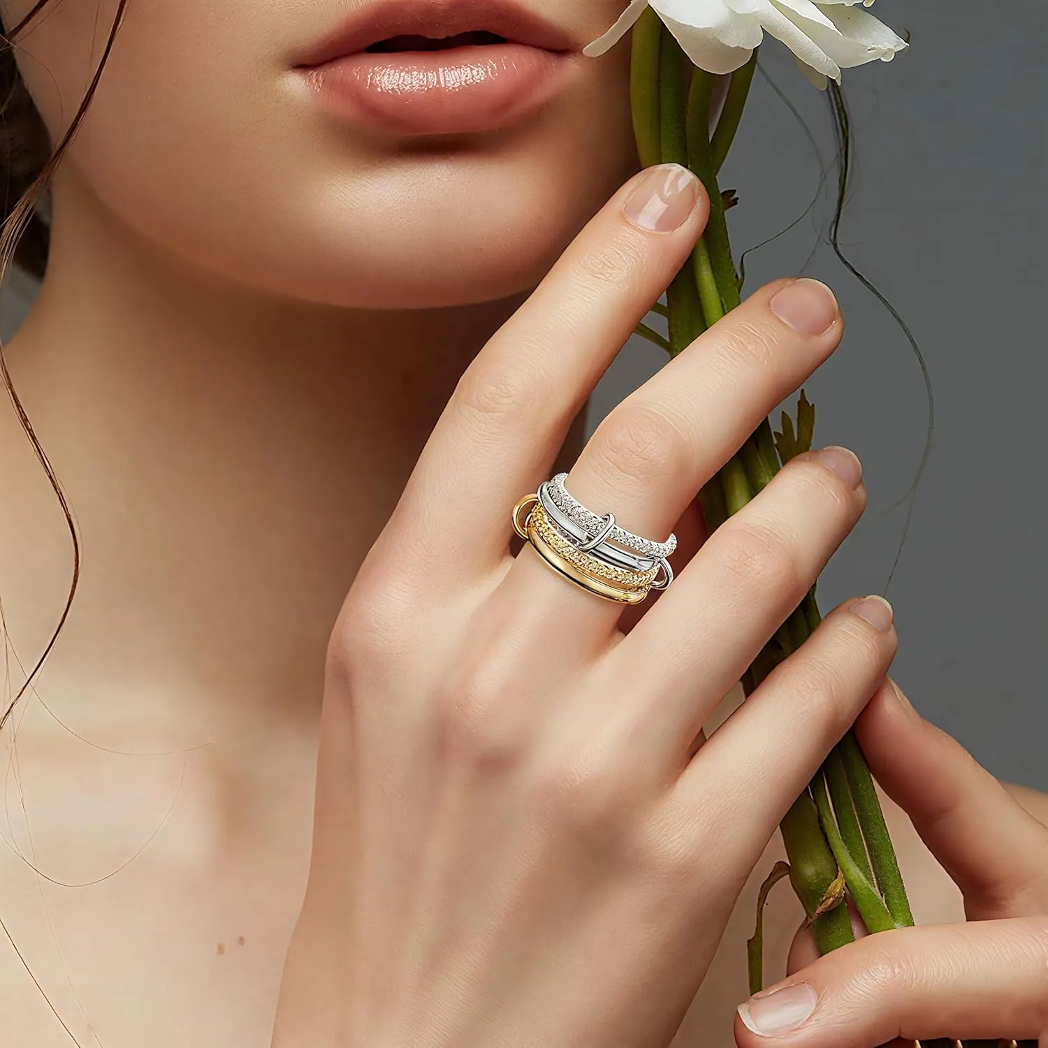 Stackable Rings for Women Non Tarnish 18K Gold Plated Interlocking Ring Stack Set Gold Silver Mixed Metal Statement Rings Dainty Cubic Zirconia Fashion Connected Band Thumb Ring