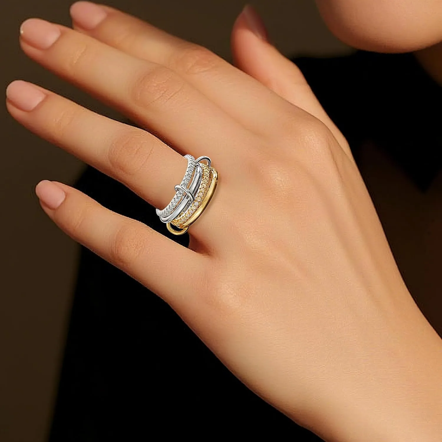 Stackable Rings for Women Non Tarnish 18K Gold Plated Interlocking Ring Stack Set Gold Silver Mixed Metal Statement Rings Dainty Cubic Zirconia Fashion Connected Band Thumb Ring