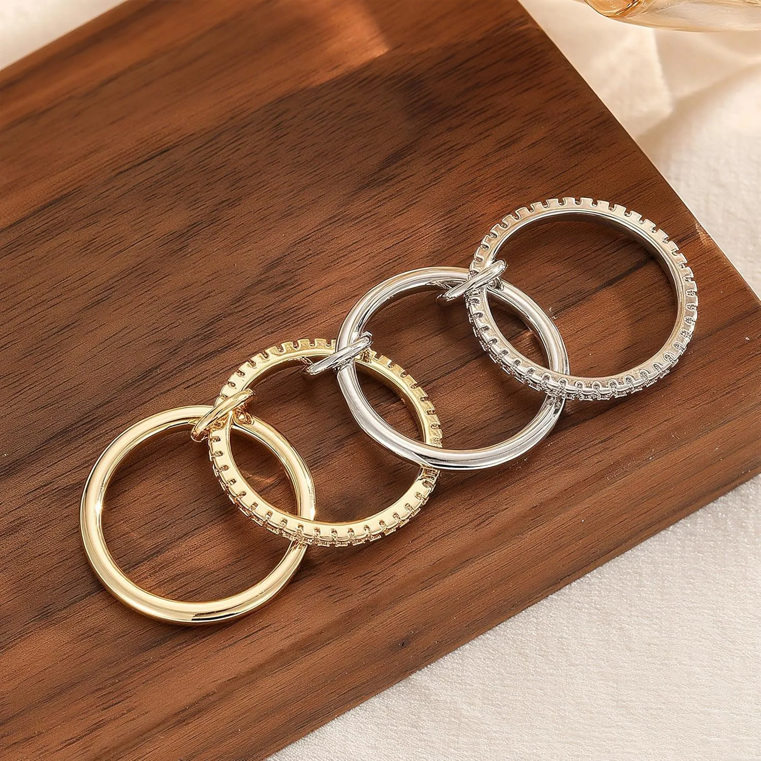 Stackable Rings for Women Non Tarnish 18K Gold Plated Interlocking Ring Stack Set Gold Silver Mixed Metal Statement Rings Dainty Cubic Zirconia Fashion Connected Band Thumb Ring