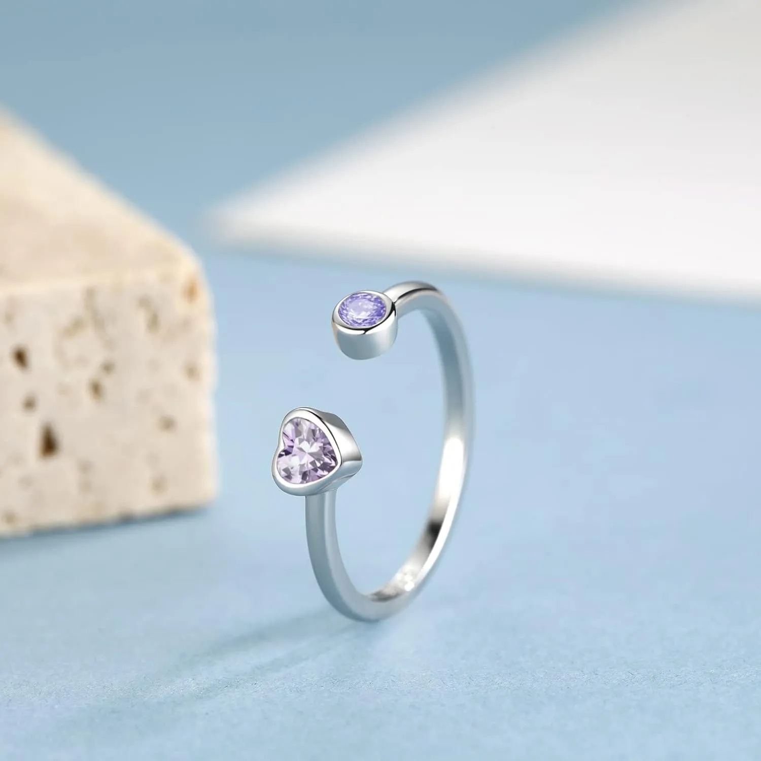 Sterling Silver Birthstone Rings Women, Adjustable Heart Ring Stackable Finger Open Rings Wedding Engagement Promise Eternity Bands with Cubic Zirconia CZ, Birthday Jewelry Gift Size 5-10