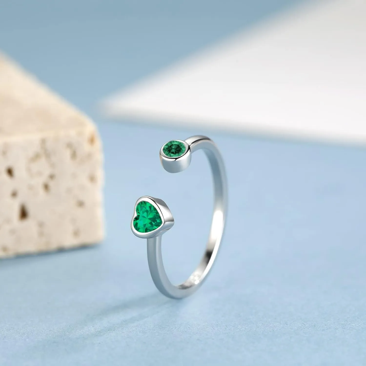 Sterling Silver Birthstone Rings Women, Adjustable Heart Ring Stackable Finger Open Rings Wedding Engagement Promise Eternity Bands with Cubic Zirconia CZ, Birthday Jewelry Gift Size 5-10