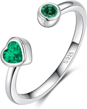 Sterling Silver Birthstone Rings Women, Adjustable Heart Ring Stackable Finger Open Rings Wedding Engagement Promise Eternity Bands with Cubic Zirconia CZ, Birthday Jewelry Gift Size 5-10
