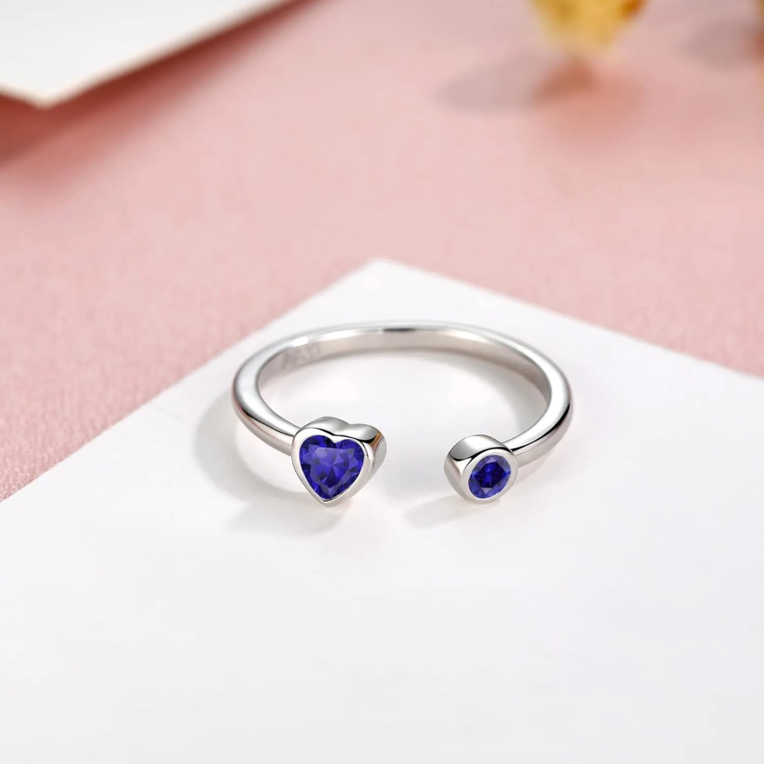 Sterling Silver Birthstone Rings Women, Adjustable Heart Ring Stackable Finger Open Rings Wedding Engagement Promise Eternity Bands with Cubic Zirconia CZ, Birthday Jewelry Gift Size 5-10