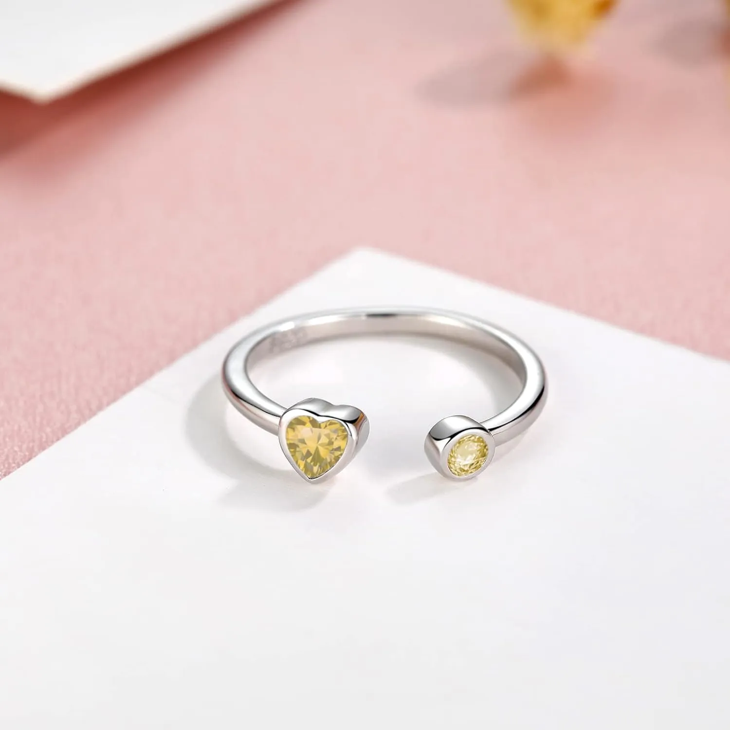 Sterling Silver Birthstone Rings Women, Adjustable Heart Ring Stackable Finger Open Rings Wedding Engagement Promise Eternity Bands with Cubic Zirconia CZ, Birthday Jewelry Gift Size 5-10
