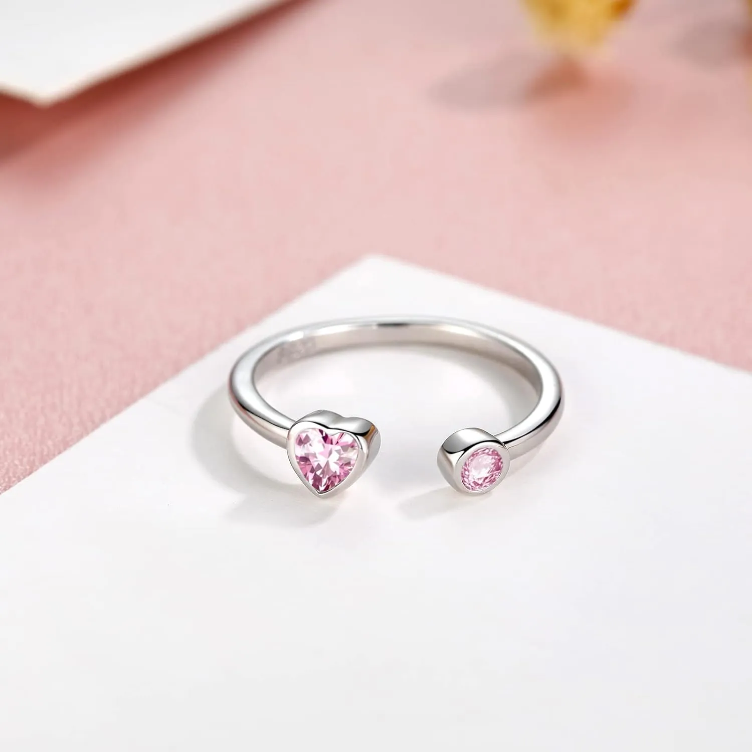 Sterling Silver Birthstone Rings Women, Adjustable Heart Ring Stackable Finger Open Rings Wedding Engagement Promise Eternity Bands with Cubic Zirconia CZ, Birthday Jewelry Gift Size 5-10