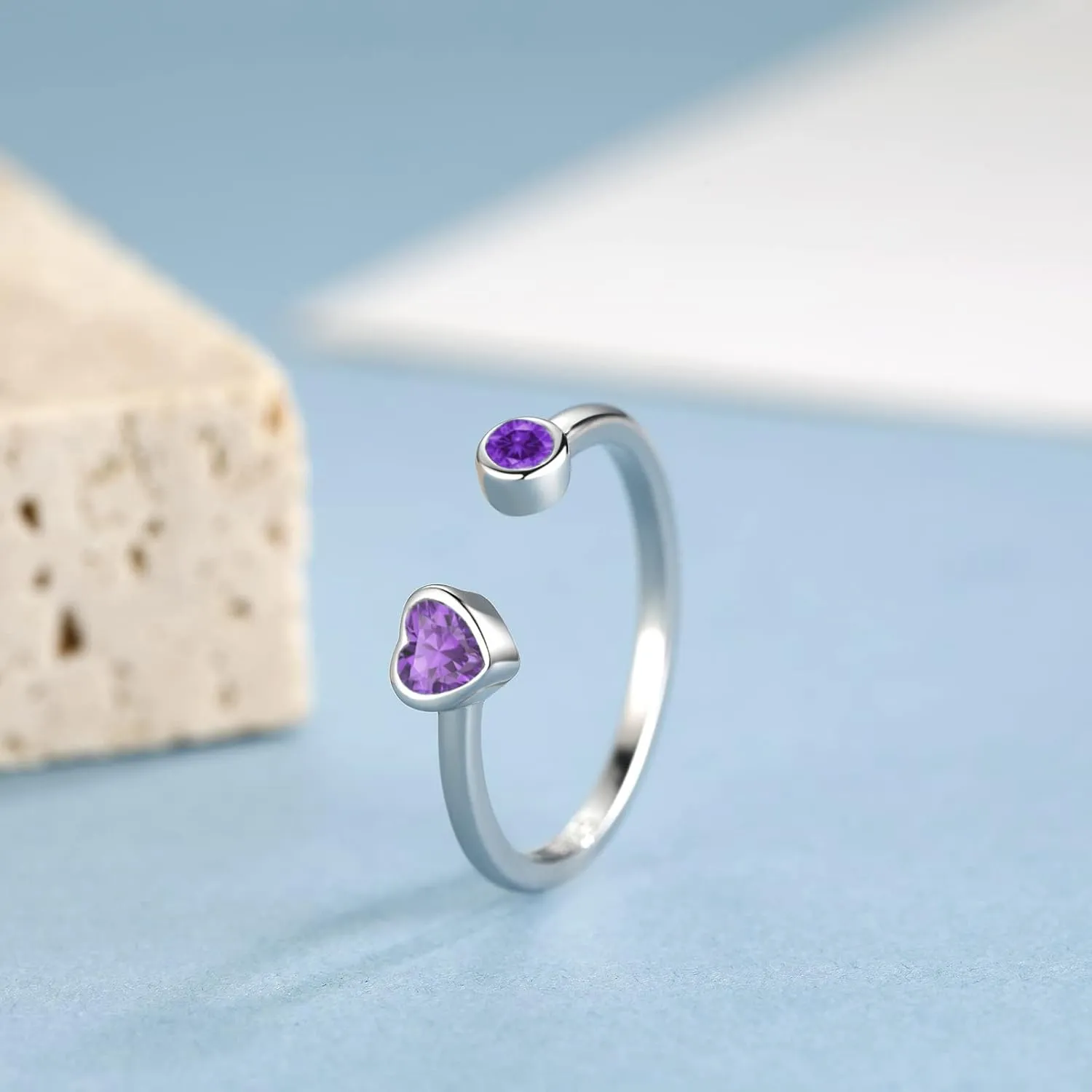 Sterling Silver Birthstone Rings Women, Adjustable Heart Ring Stackable Finger Open Rings Wedding Engagement Promise Eternity Bands with Cubic Zirconia CZ, Birthday Jewelry Gift Size 5-10