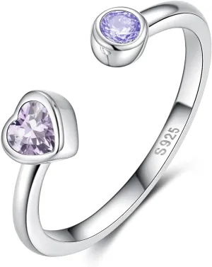 Sterling Silver Birthstone Rings Women, Adjustable Heart Ring Stackable Finger Open Rings Wedding Engagement Promise Eternity Bands with Cubic Zirconia CZ, Birthday Jewelry Gift Size 5-10