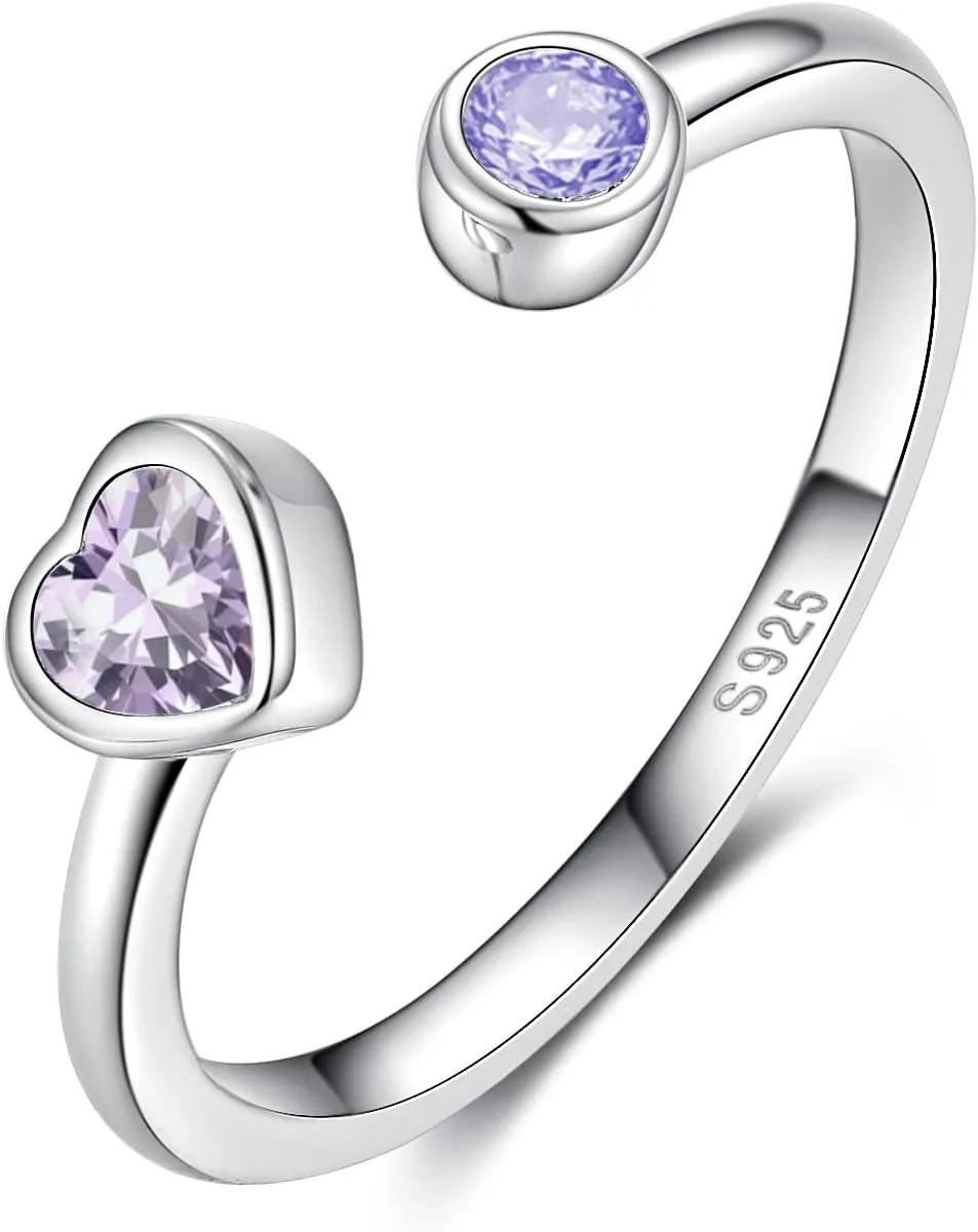 Sterling Silver Birthstone Rings Women, Adjustable Heart Ring Stackable Finger Open Rings Wedding Engagement Promise Eternity Bands with Cubic Zirconia CZ, Birthday Jewelry Gift Size 5-10