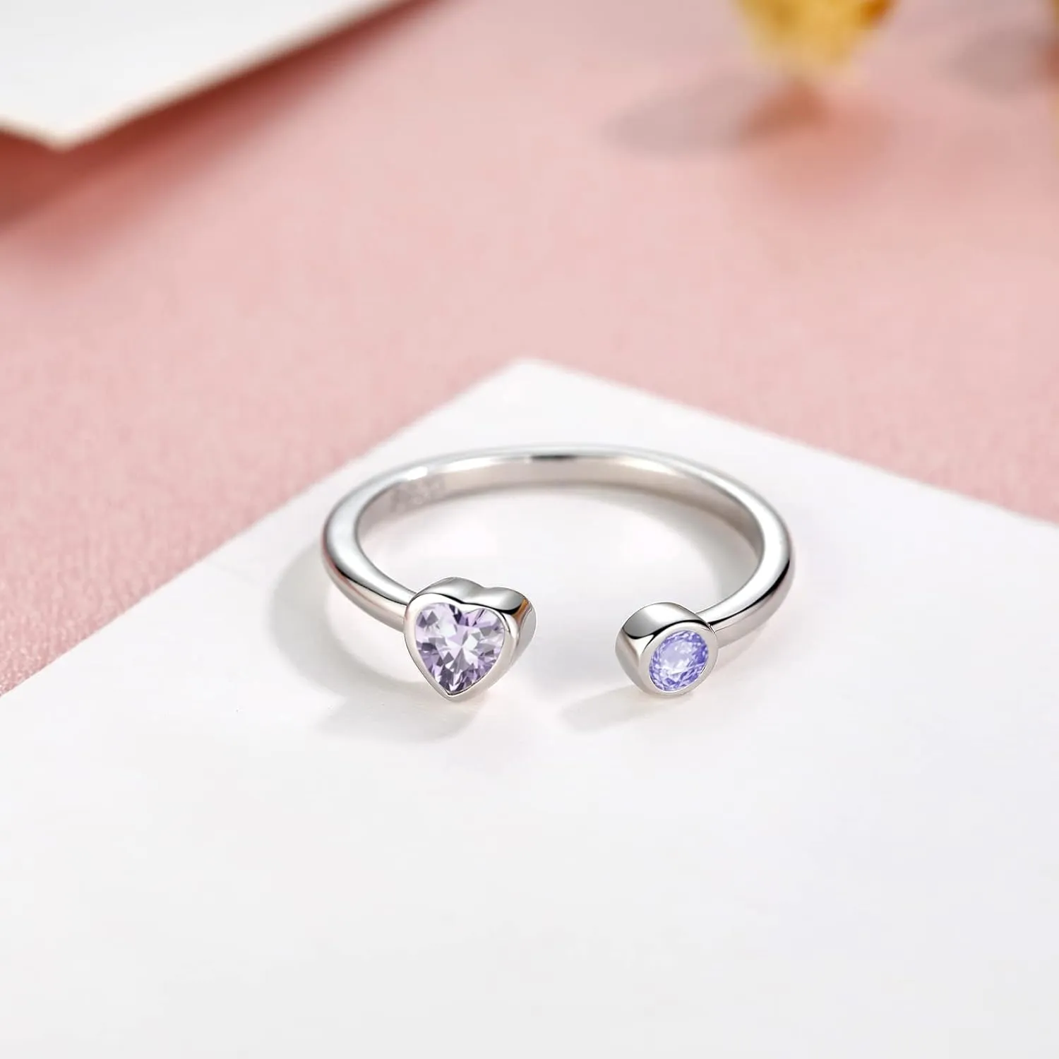 Sterling Silver Birthstone Rings Women, Adjustable Heart Ring Stackable Finger Open Rings Wedding Engagement Promise Eternity Bands with Cubic Zirconia CZ, Birthday Jewelry Gift Size 5-10