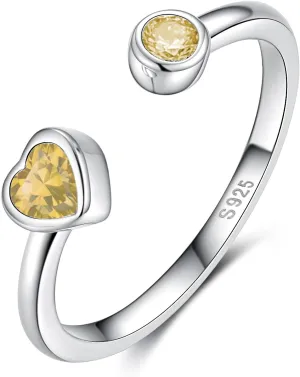 Sterling Silver Birthstone Rings Women, Adjustable Heart Ring Stackable Finger Open Rings Wedding Engagement Promise Eternity Bands with Cubic Zirconia CZ, Birthday Jewelry Gift Size 5-10