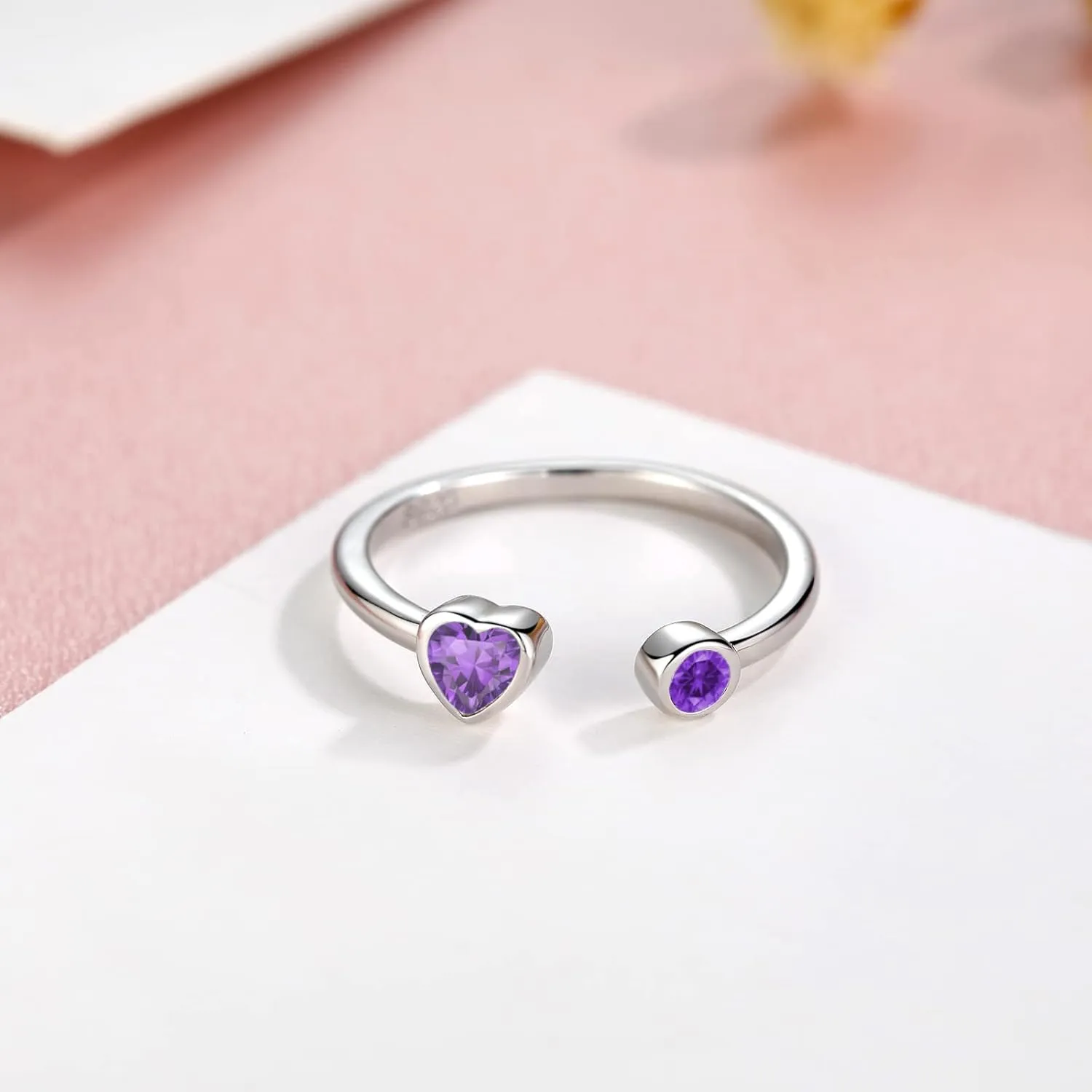Sterling Silver Birthstone Rings Women, Adjustable Heart Ring Stackable Finger Open Rings Wedding Engagement Promise Eternity Bands with Cubic Zirconia CZ, Birthday Jewelry Gift Size 5-10
