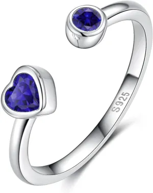 Sterling Silver Birthstone Rings Women, Adjustable Heart Ring Stackable Finger Open Rings Wedding Engagement Promise Eternity Bands with Cubic Zirconia CZ, Birthday Jewelry Gift Size 5-10