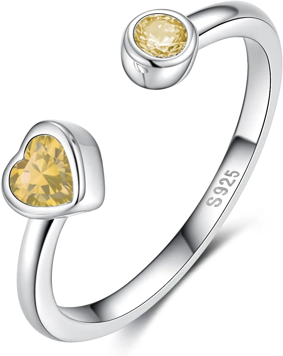 Sterling Silver Birthstone Rings Women, Adjustable Heart Ring Stackable Finger Open Rings Wedding Engagement Promise Eternity Bands with Cubic Zirconia CZ, Birthday Jewelry Gift Size 5-10