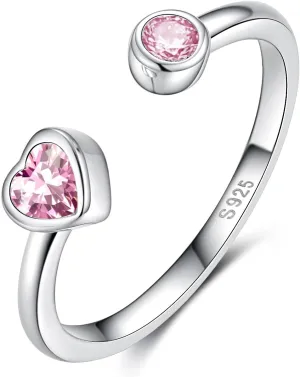 Sterling Silver Birthstone Rings Women, Adjustable Heart Ring Stackable Finger Open Rings Wedding Engagement Promise Eternity Bands with Cubic Zirconia CZ, Birthday Jewelry Gift Size 5-10