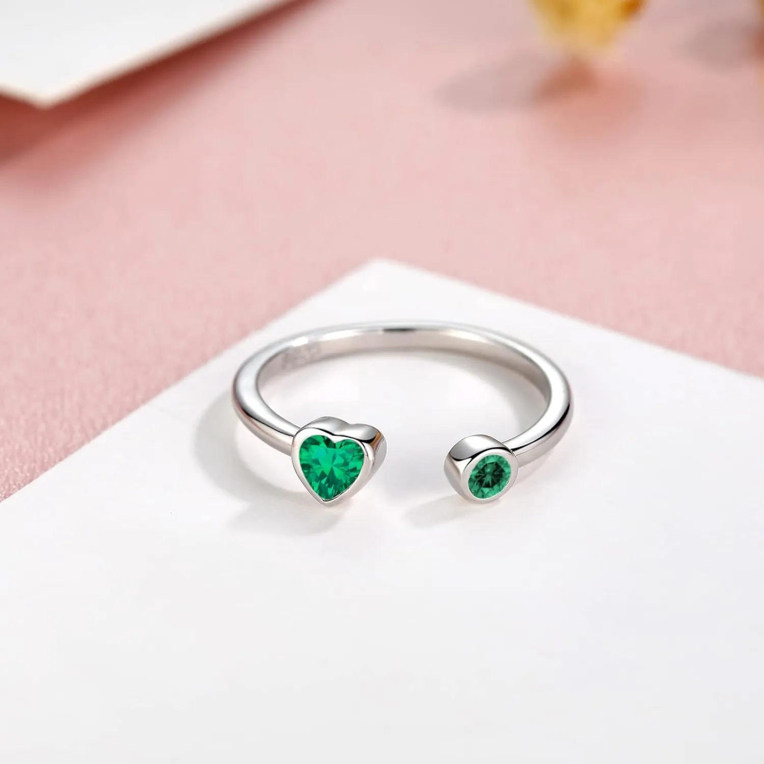 Sterling Silver Birthstone Rings Women, Adjustable Heart Ring Stackable Finger Open Rings Wedding Engagement Promise Eternity Bands with Cubic Zirconia CZ, Birthday Jewelry Gift Size 5-10