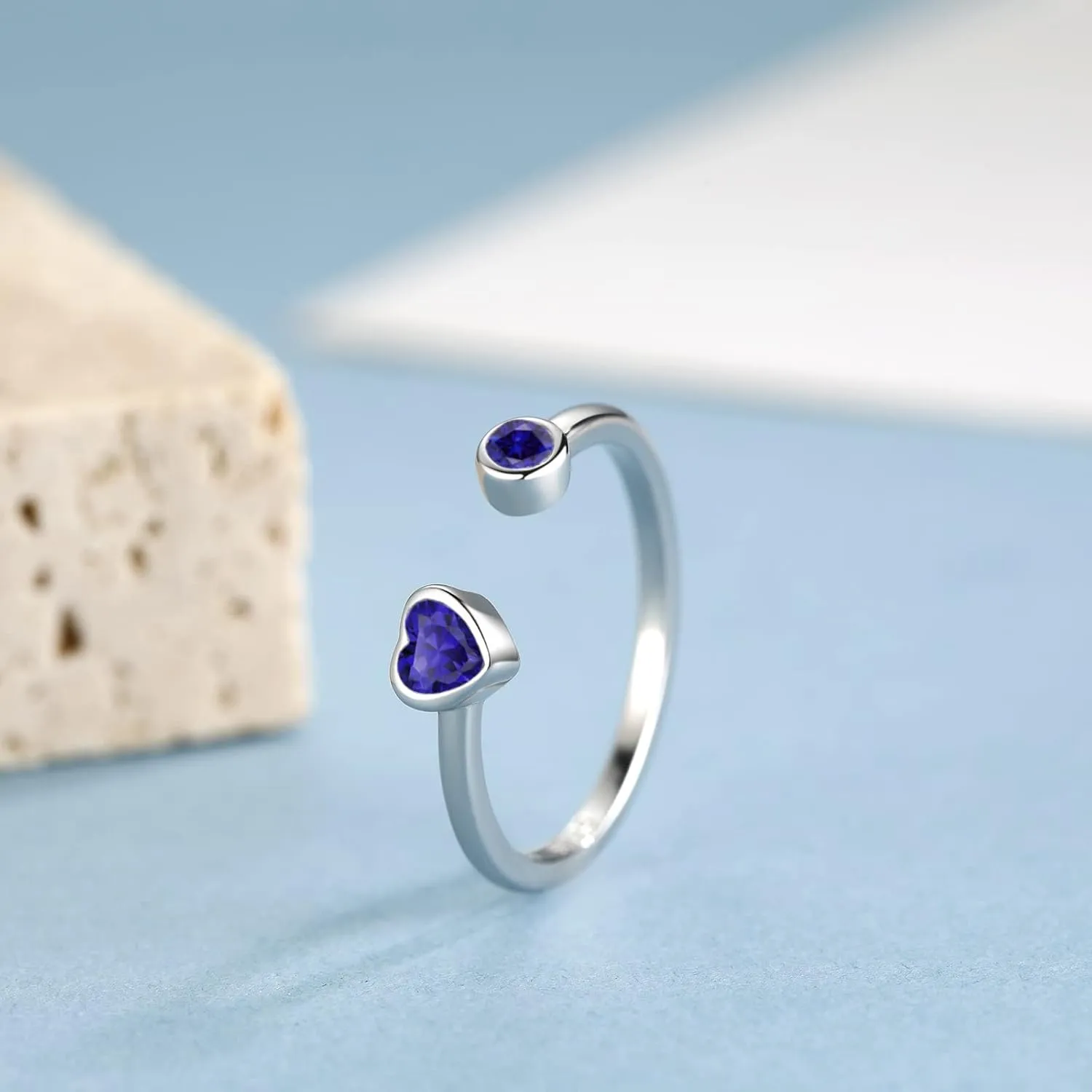 Sterling Silver Birthstone Rings Women, Adjustable Heart Ring Stackable Finger Open Rings Wedding Engagement Promise Eternity Bands with Cubic Zirconia CZ, Birthday Jewelry Gift Size 5-10