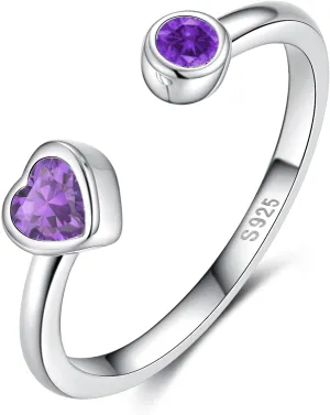 Sterling Silver Birthstone Rings Women, Adjustable Heart Ring Stackable Finger Open Rings Wedding Engagement Promise Eternity Bands with Cubic Zirconia CZ, Birthday Jewelry Gift Size 5-10