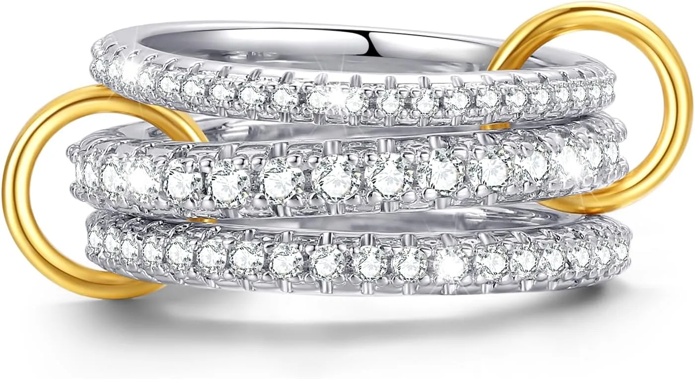 Sterling Silver Cubic Zirconia Stackable Rings for Women ??Silver Gold Multi Ring Interlocked 3-Piece Set, Non-Tarnish Dainty Cubic Zirconia Bands Two-Toned Stacking Jewelry
